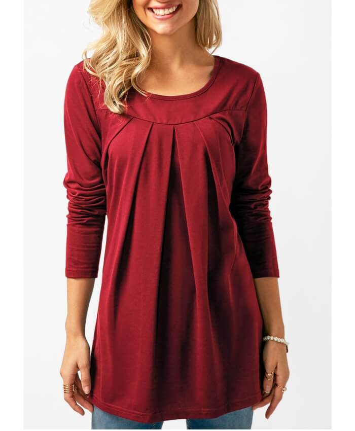 Long Sleeve Round Neck Pleated T Shirt